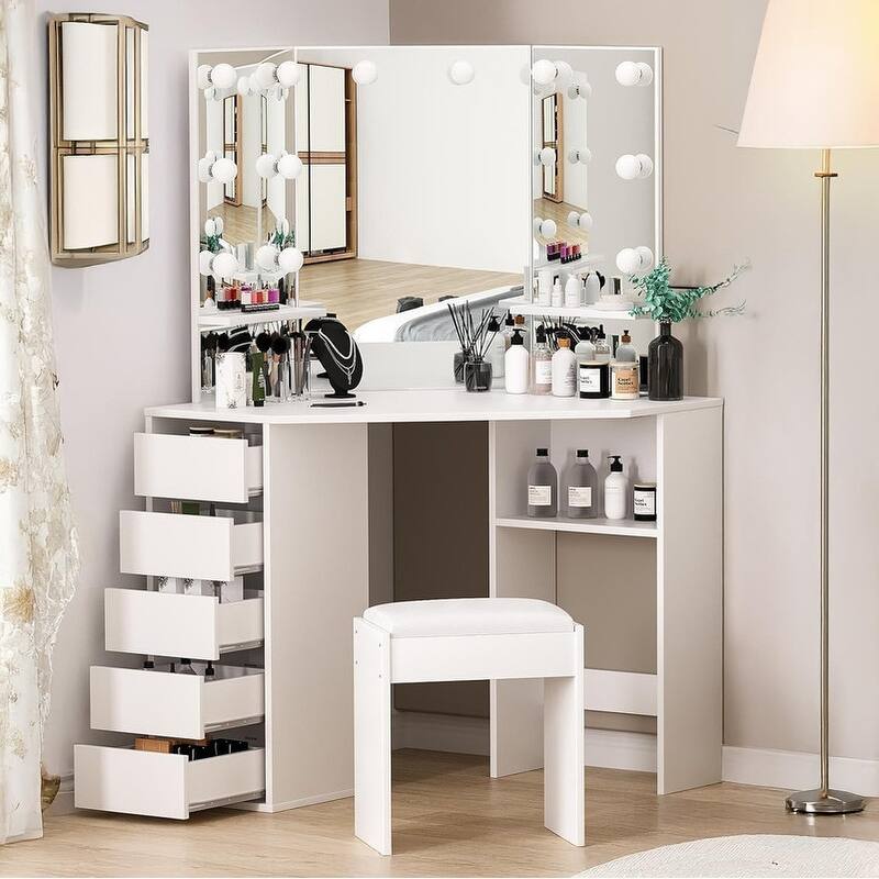 Corner Vanity Desk with Lighted Mirror and Stool, 5 Drawers, Charging Station