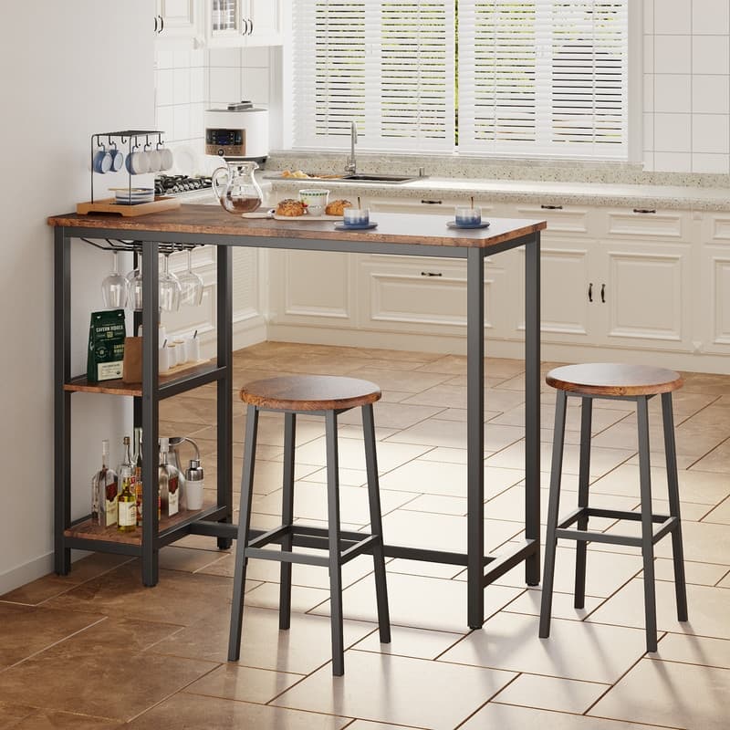 Bar Table Set with 2 Stools for Breakfast Nook, Dining Room, Living Room, Kitchen, Dining Hall - Retro