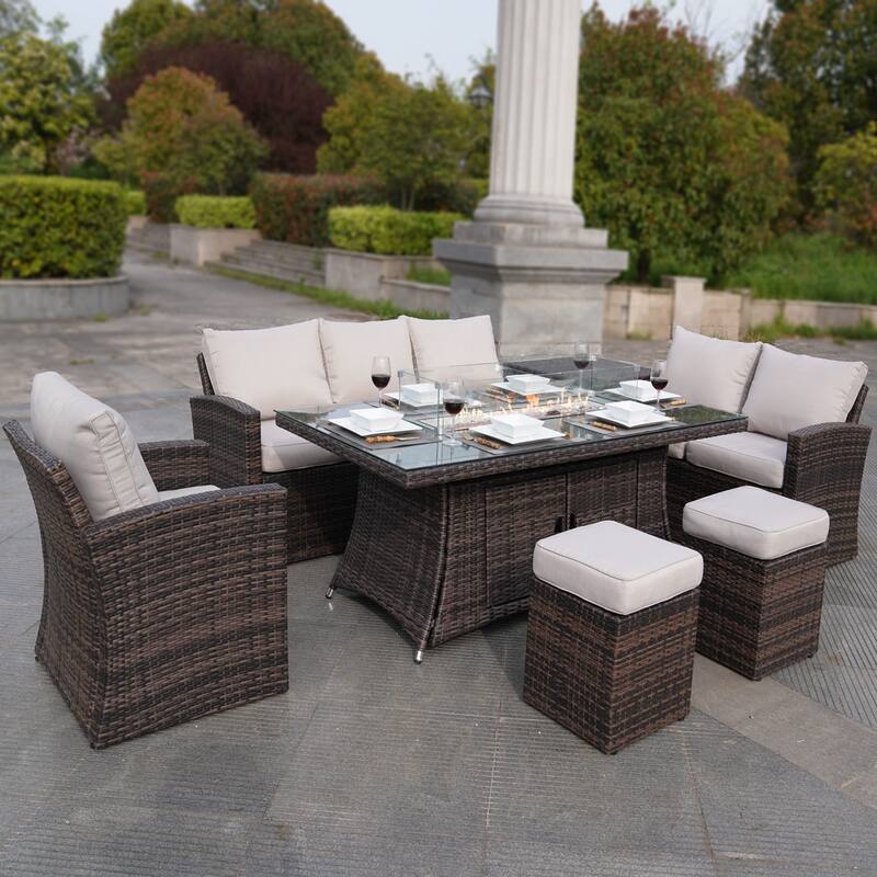 Morden Wicker/ Steel 7-piece Outdoor Conversation Firepit Dining Sets