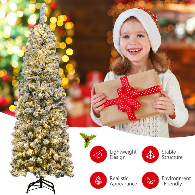 Gymax 6ft Pre-lit Pencil Snow Flocked Pencil Christmas Tree Holiday - See Details