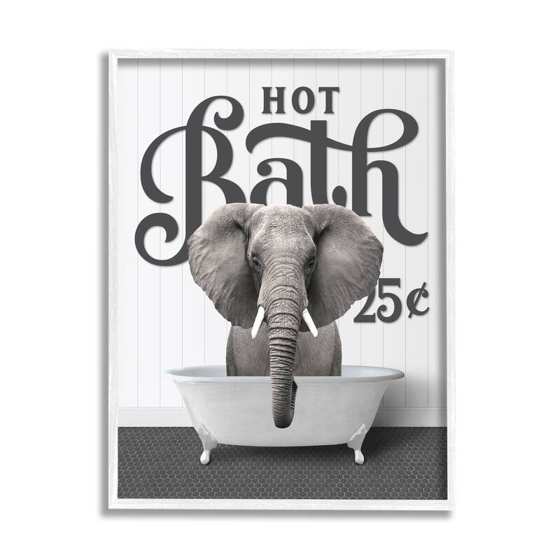 Stupell Vintage Hot Bath Elephant Framed Giclee Art Design by Lettered and Lined - 24 x 30 - White