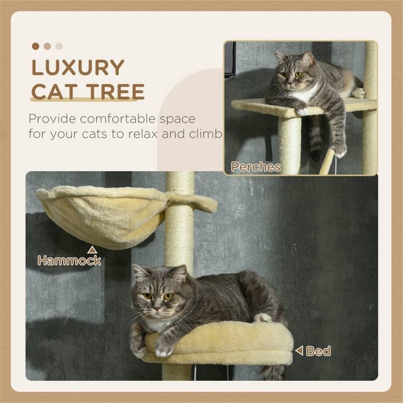 Beige Cat Tree Unique Design with Multiple Platforms and Adjustable Height - 21.25" W x 13.5" D x 90.5" 98.5" H
