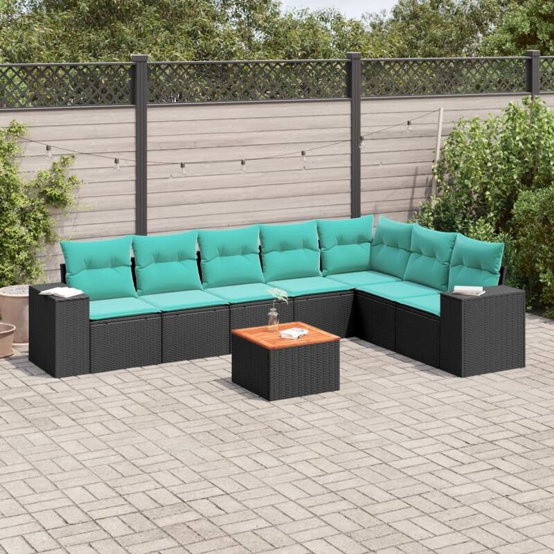 vidaXL Patio Sofa Set with Cushions Outdoor Furniture 8 Piece Poly Rattan - 24.4x 24.4x 27.2 - Black and Blue