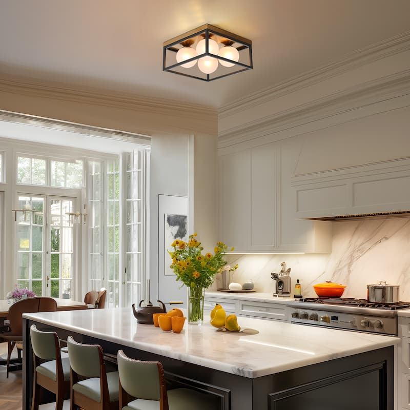 Modern Black Gold 4-Light Semi Flush Mount Ceiling Light with Frosted Globe Glass - D14"xH6.5"