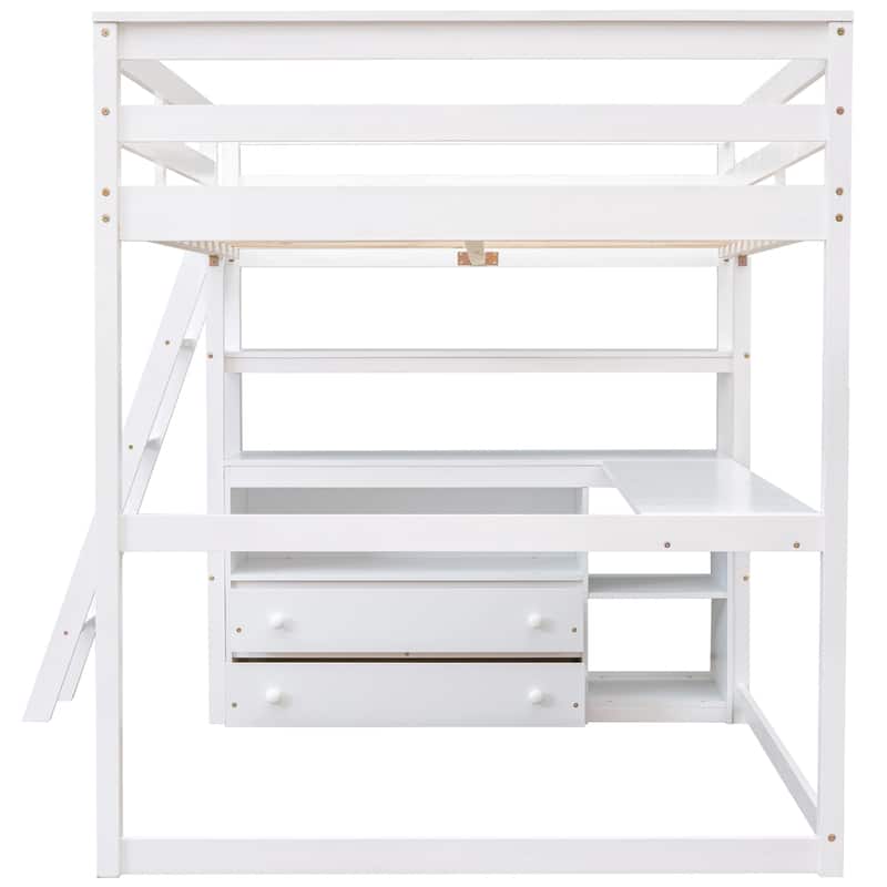 Full Size Loft Bed with Desk, Shelves, and Drawers - Space-Saving Design