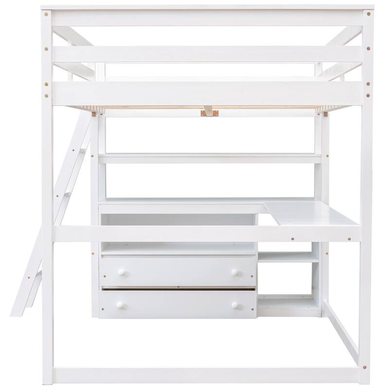 Pine Loft Bed with Desk, Shelves & Drawers