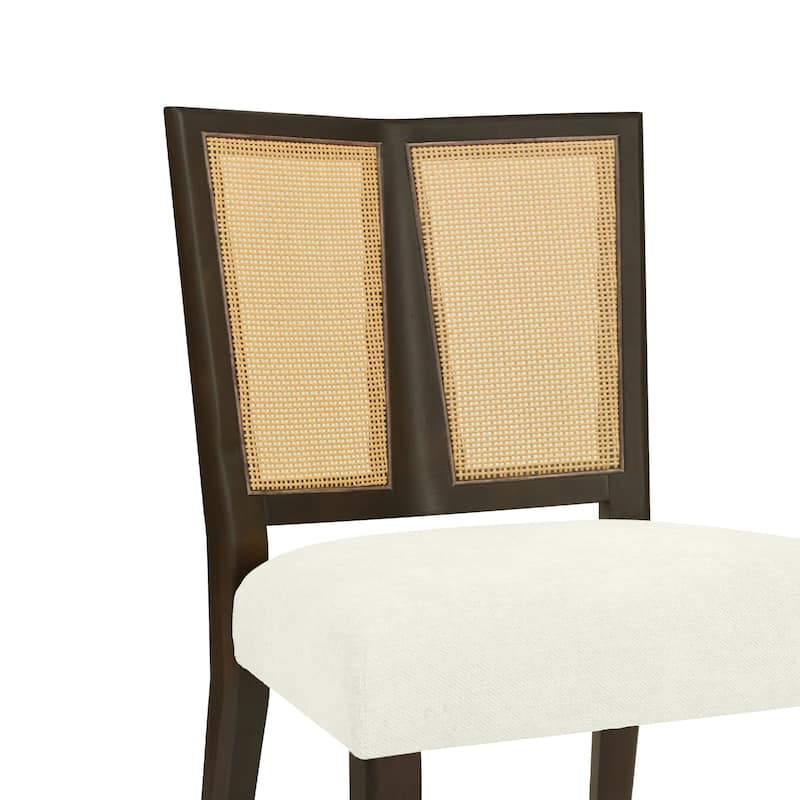 Set of 2 Rattan Back Dining Chairs with Upholstered Seat, Rubberwood Frame, Armless Mid-Century Design