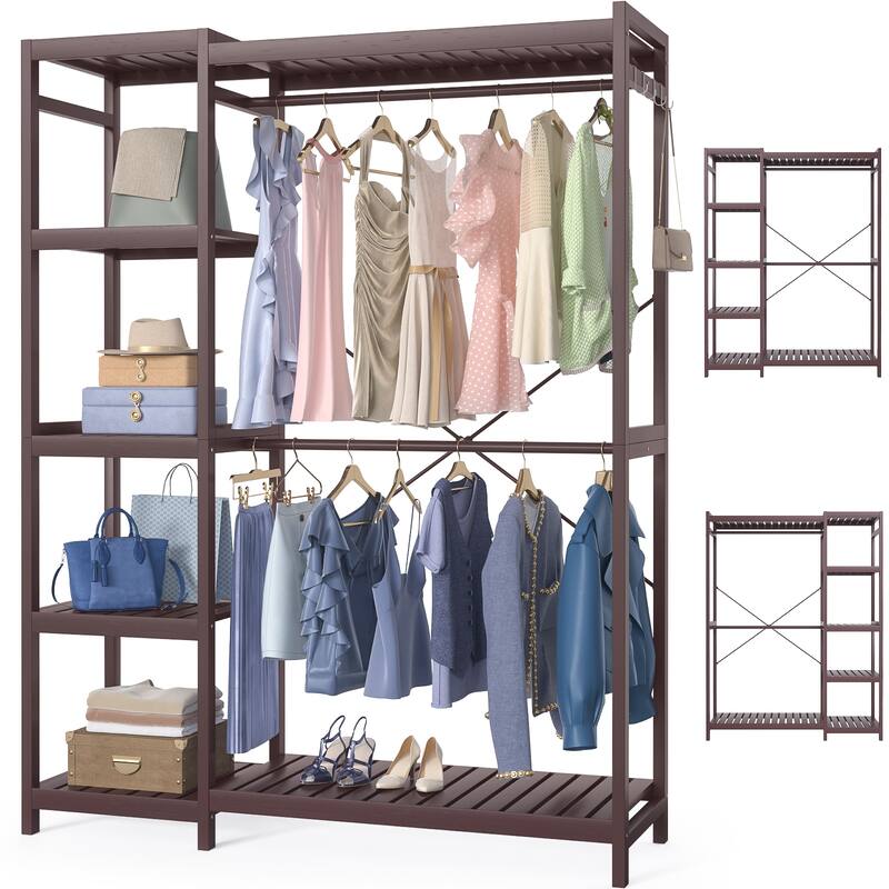 Bamboo Closet System Clothes Rack, Large Freestanding Garment Rack Clothing Rack for Hanging Clothes