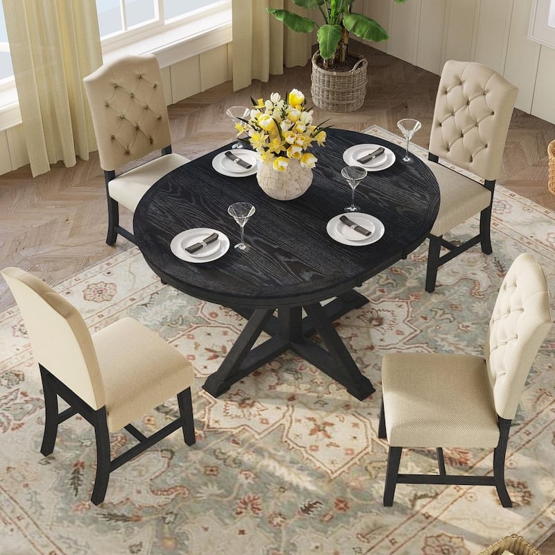 Wooden Round Drop Leaf Extendable Dining Table Set with 4 Upholstered Chairs
