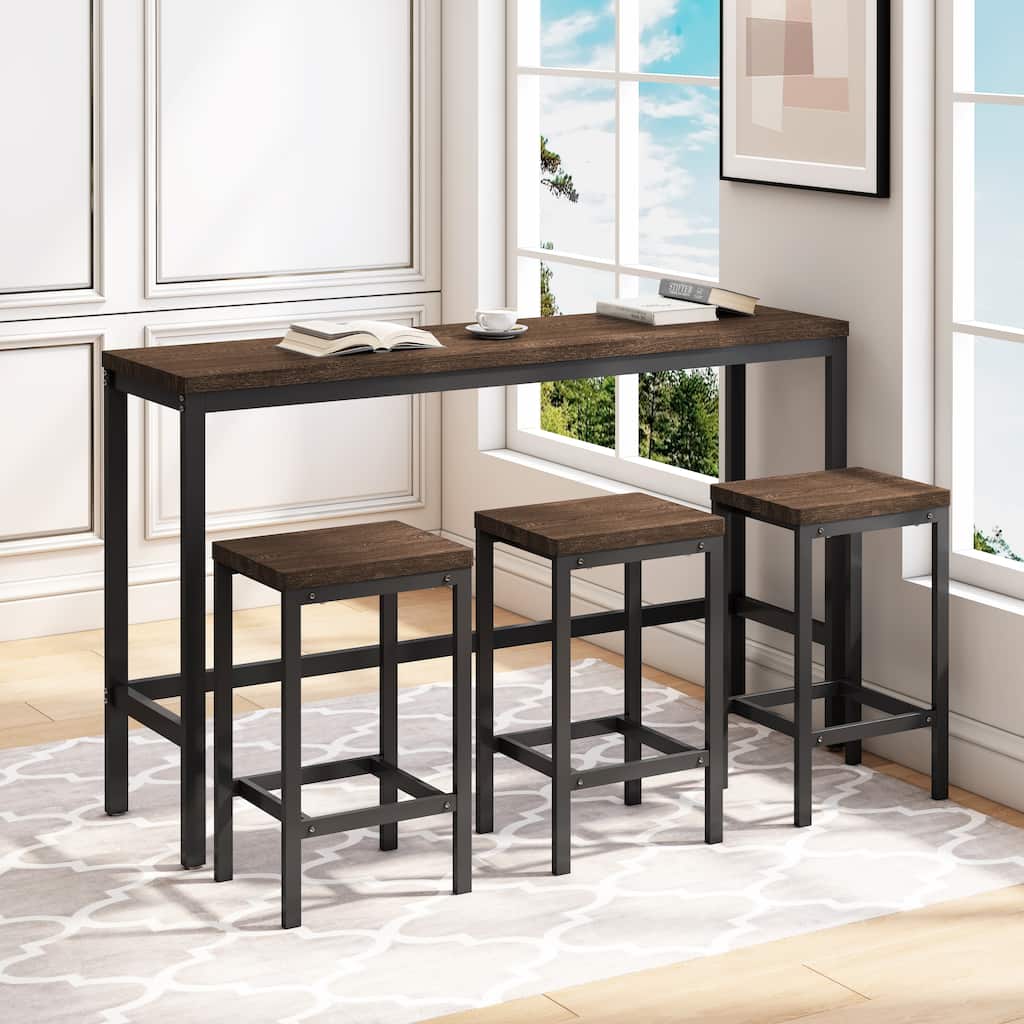 4-Piece Dining Set with Dining Table and 3 Dark Brown Stools