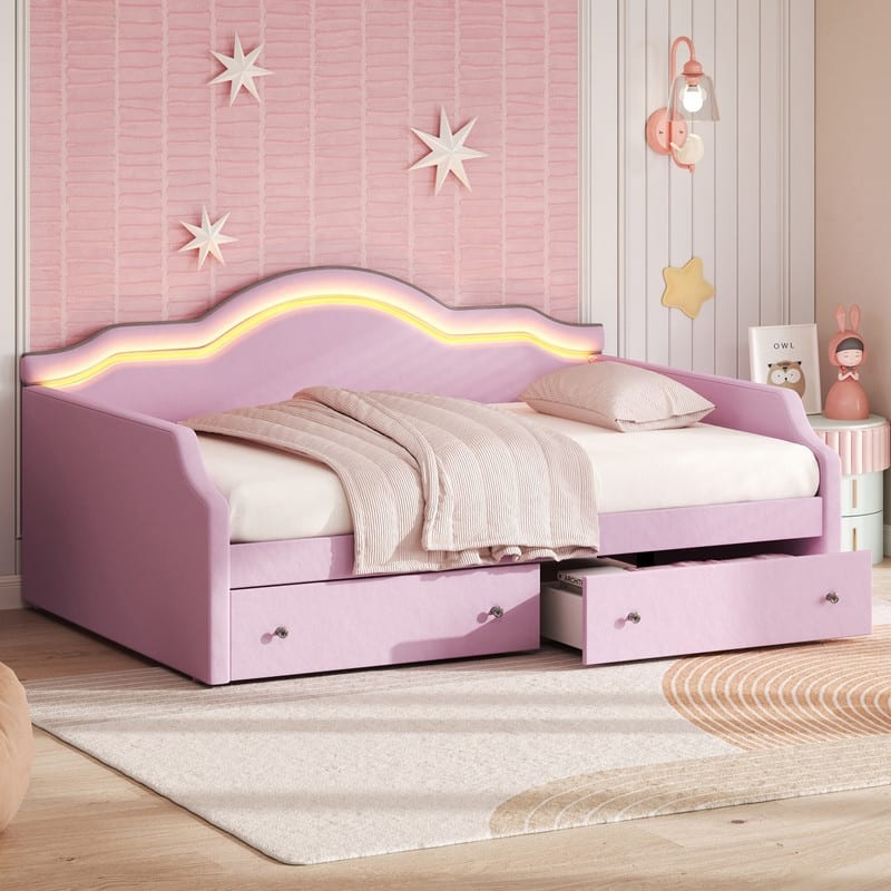 Full Size Upholstered Daybed with LED and 2 Drawers - Pink
