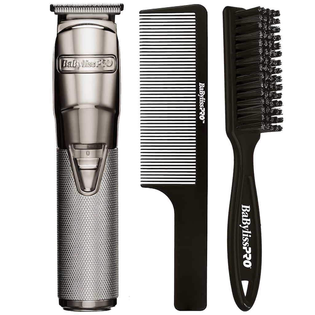 Babyliss Pro FX788S Silver FX Metal Lithium Cordless Trimmer + BaByliss Pro Fade Brush BPFADEB + BaByliss Pro 9" Clipper Comb