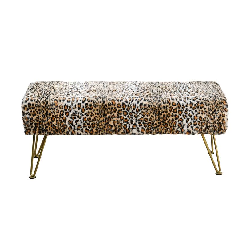 Home Soft Things Leopard Fauxfur Ottoman with Gold Metal Legs