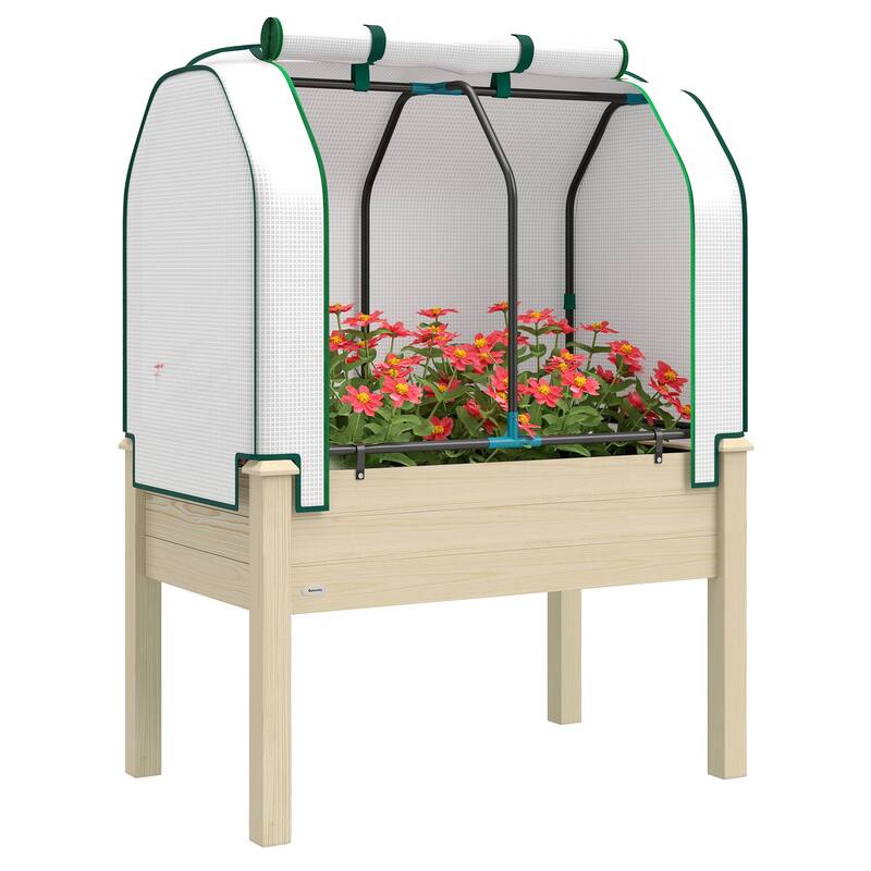 Outsunny Raised Garden Bed with PE Greenhouse Cover Outdoor Elevated Wood Planter Box , 35 x 22 x 47 inch