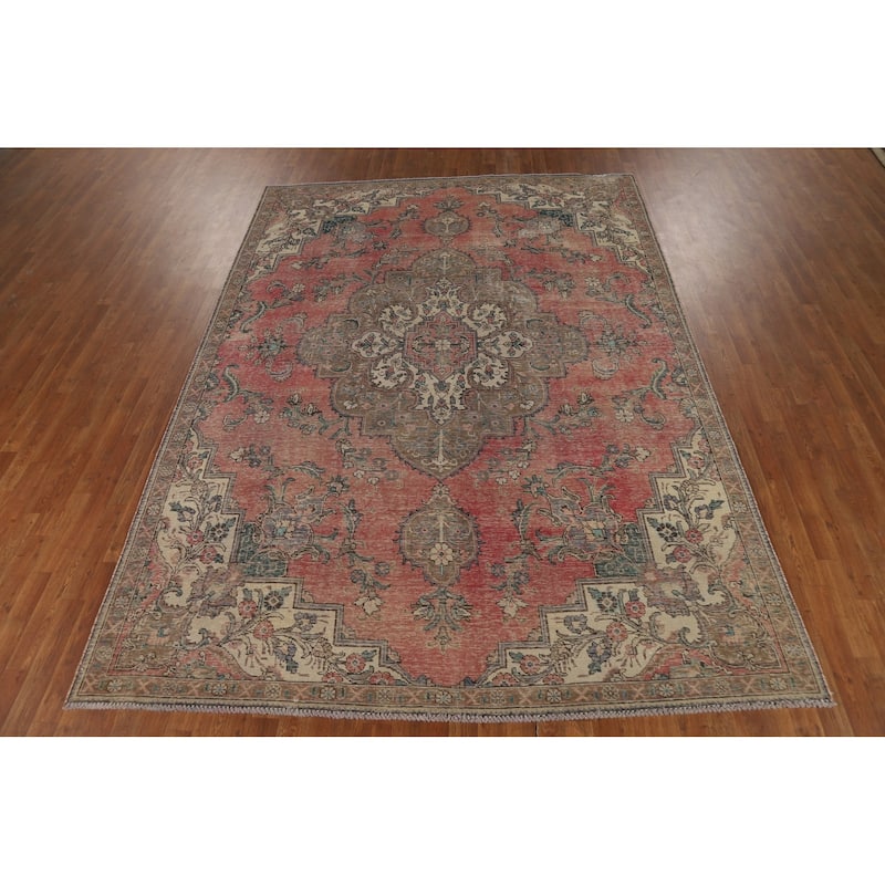 Pink Tabriz Persian Vintage Rug Hand-Knotted Wool Carpet - 7'8" x 10'8"