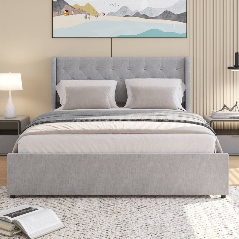 Full/Queen Size Platform Bed with 4 Drawers and Wingback Headboard - Queen