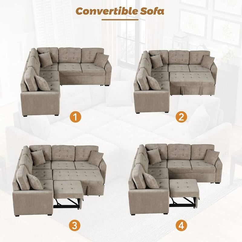 Modular Velvet Pull-out Sleeper Sofa, Living Room Spacious Space L Shaped Corner Sectional Sofa