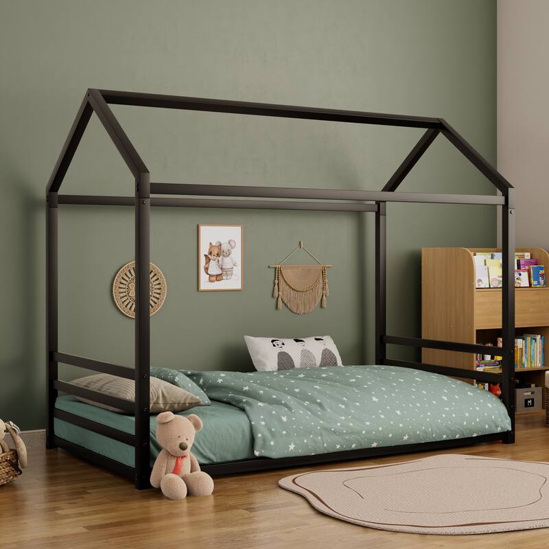 Montessori House Metal Floor Bed with End Guardrails by Harper&Bright Designs - Black - Twin