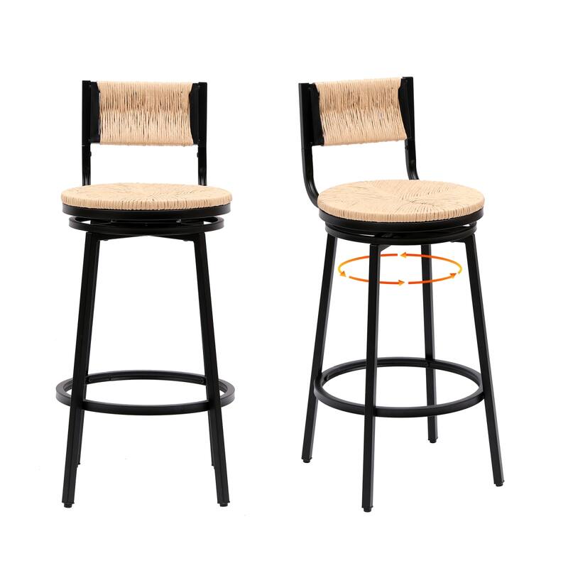 Swivel Counter Height Bar Stools Set of 2, Bar Height Stools, Paper Rope Woven Bar Stools, Farmhouse Island Chair w/ Metal Frame