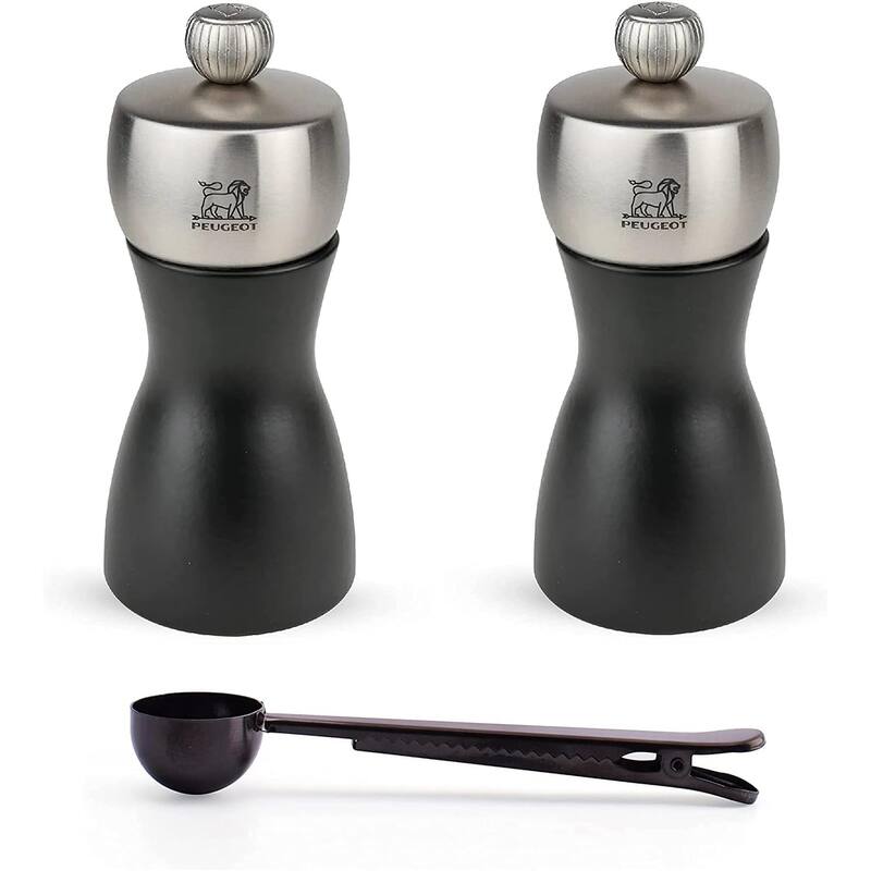 Peugeot Fidji 4.75 Inch Salt & Pepper Mill Gift Set, Black Matte - With Stainless Steel Spice Scoop & Clip - Black - 3 Piece
