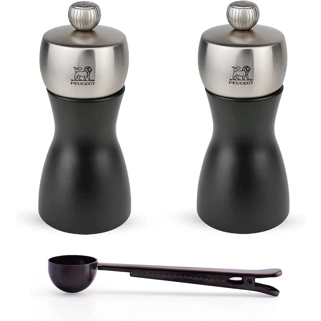 Peugeot Fidji 4.75 Inch Salt & Pepper Mill Gift Set, Black Matte - With Stainless Steel Spice Scoop & Clip