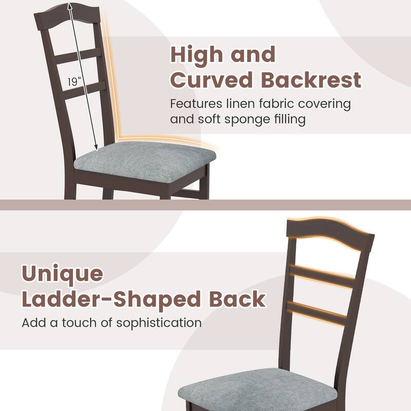 Set of 2 Coffee Rubber Wood Dining Chairs with Linen Cushions and Ladder Back - 16" L x 20" W x 37" H