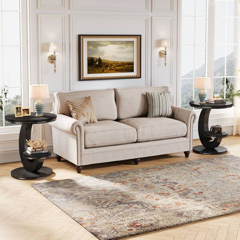 Round End Table, 2 Tiers Side Table with Storage Shelf