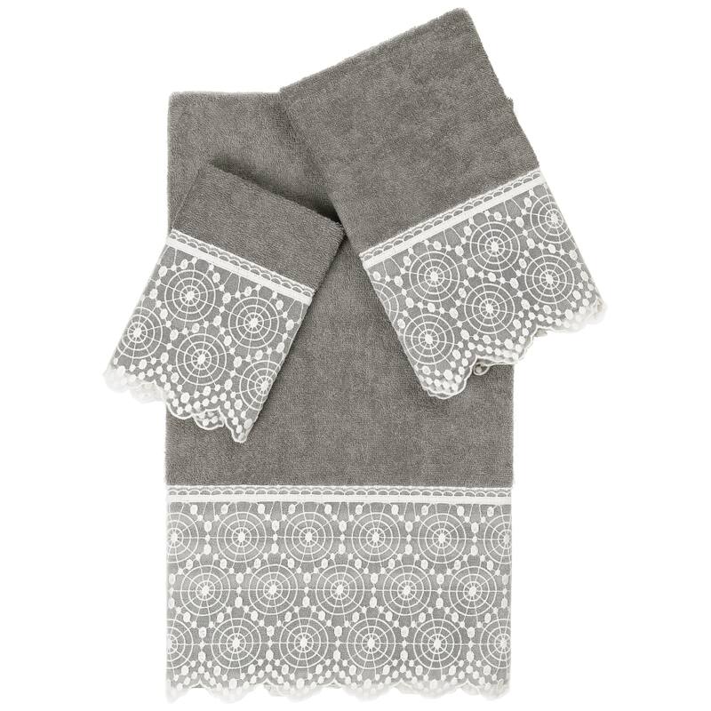 Authentic Hotel and Spa 100% Turkish Cotton Arian 3PC Cream Lace Embellished Towel Set - Dark Gray