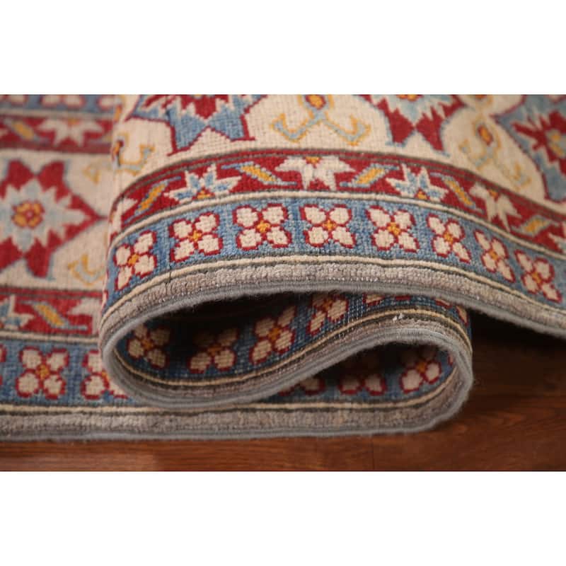 Kazak Area Rug Hand-Knotted Geometric Grey Wool Carpet - 6'9" x 9'8"