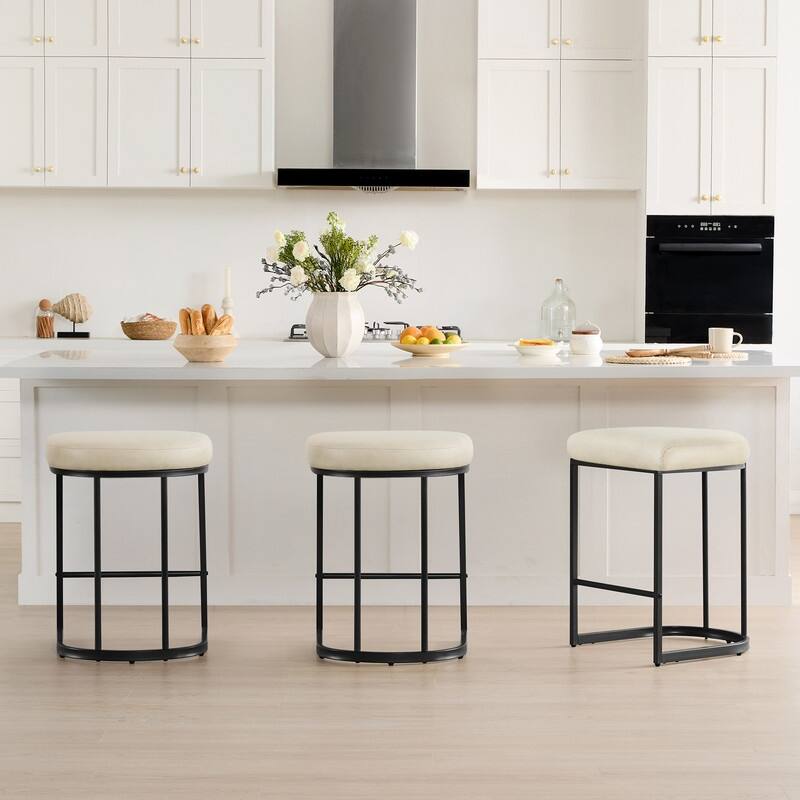 Spruce & Spring Modern Curved Upholstered Bar Stool with Metal Frame - Set of 3 - Beige