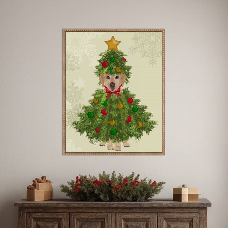 Yellow Labrador Christmas Tree Costume by Fab Funky (23 x 28 in.), Framed Canvas Wall Art Print - Sylvie Beaded Rustic Natural
