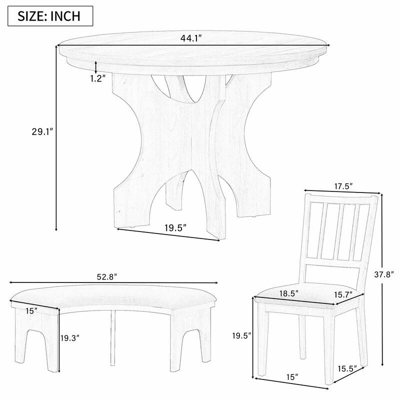 5-Piece Rustic Charm Round Dining Set - 3 Upholstered Chairs with Curved Bench