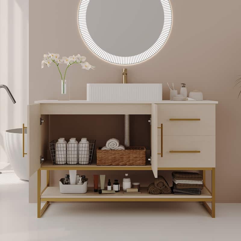 47.2" Modern Bathroom Vanity with Ceramic Vessel Sink, Gold Accent Free Standing Cabinet