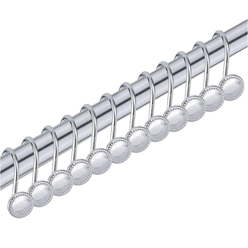 12 Piece Set - Chrome Button Heavy Duty Shower Curtain Hooks Rings Rustproof Metal