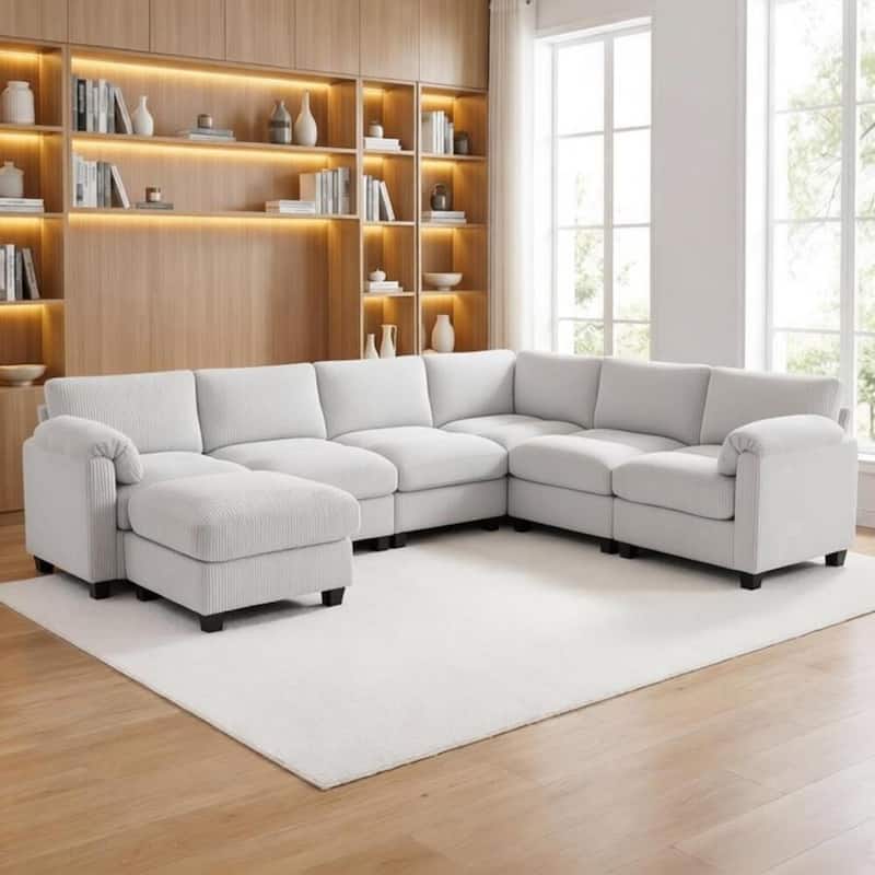 Modern Couduroy Overized Modular Sectional Sofa Couch with Ottoman for Living Room - Light Grey/6-Seat Sofa - Reversible