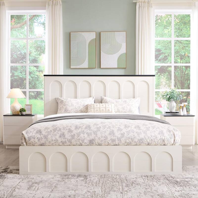 Modern King Size Bed Frame, 52" Tall Arched Recessed Headboard