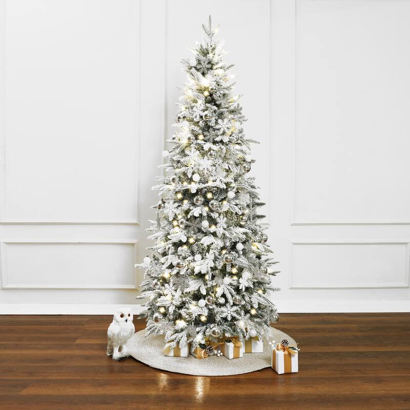 6Ft Pre-Lit Snow Flocked Pop-Up Artificial Christmas Tree with Decors - 72" H x 33.5" Diameter