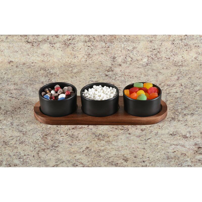 Black Ceramic Condiment Set on Acacia Wood Base