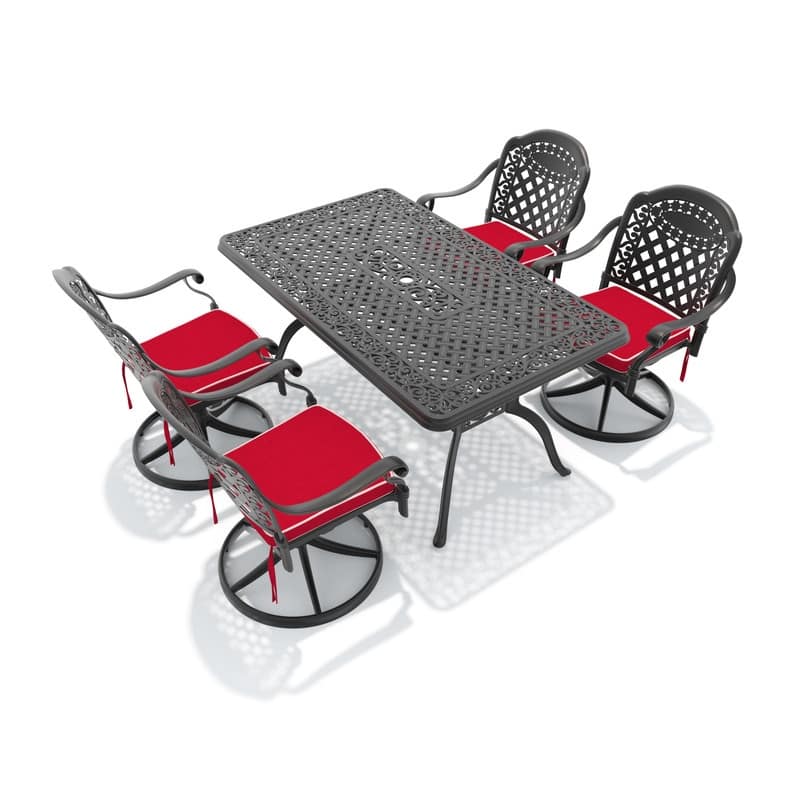 5-Piece Aluminum Rectangular Outdoor Patio Dining Set, 4 Cushioned Swivel Chairs, Table, All-Weather Frames