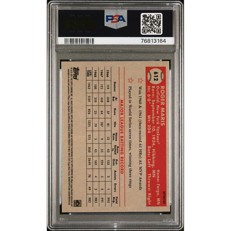 Roger Maris 2021 Topps Chrome Platinum Refractor Baseball Card #612 Graded PSA 9 - 8'6" x 11'6"