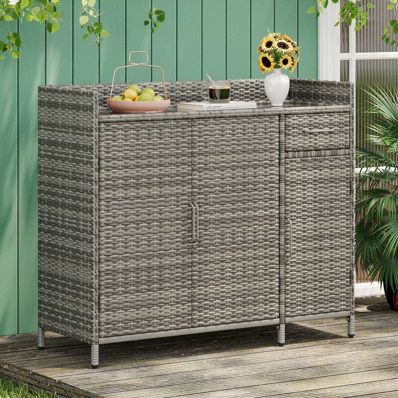 Wicker Storage Cabinet w/Tempered Glass Desktop, Weather-proof Rattan Bar Table, Kitchen Island w/Three Doors, Adjustable Shelf - Grey
