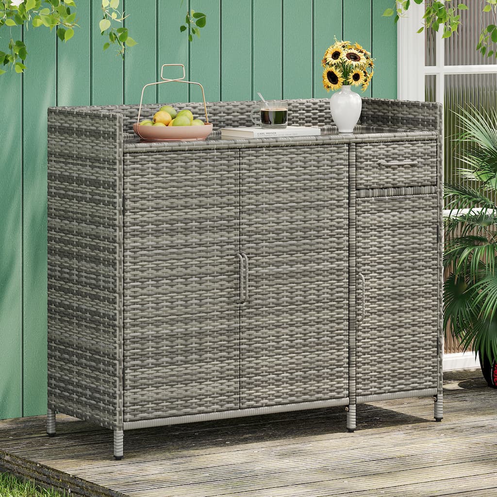 Wicker Storage Cabinet w/Tempered Glass Desktop, Weather-proof Rattan Bar Table, Kitchen Island w/Three Doors, Adjustable Shelf