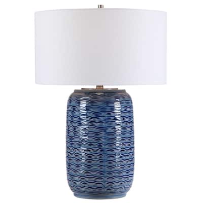 Coastal Ceramic Table Lamp with White Round Hardback Shade - 27" - Blue
