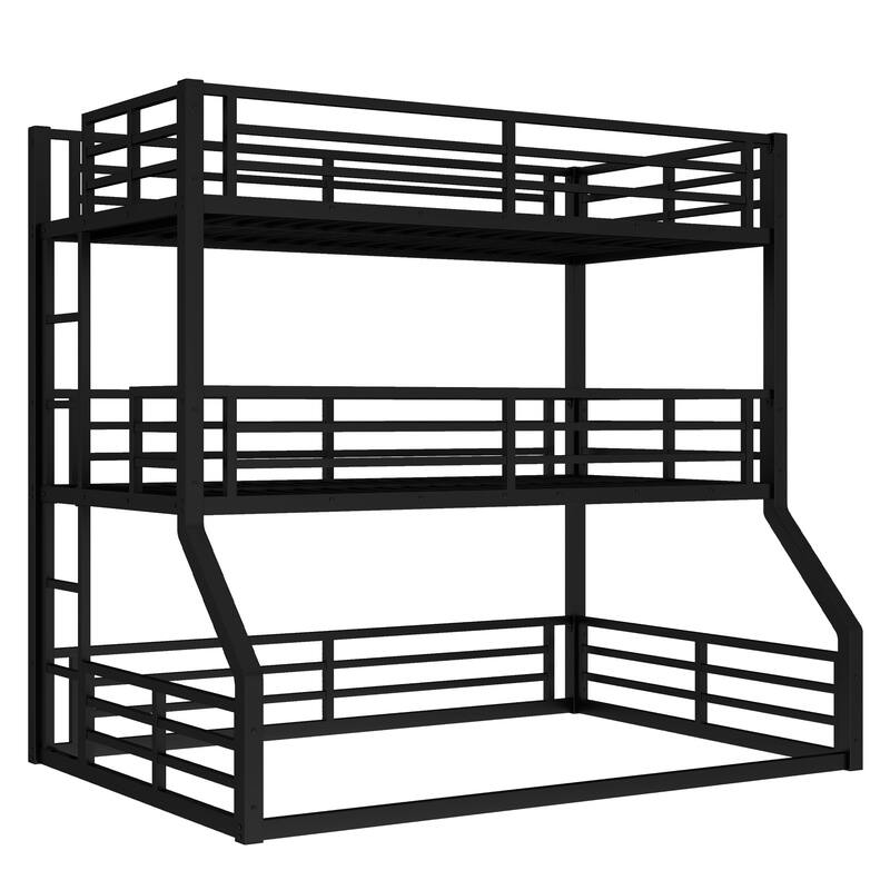 Roomfitters Twin over Twin over Full XL Metal Triple Bunk Bed with Safety Guardrails, Heavy-Duty Noise-Reduced Frame, Black