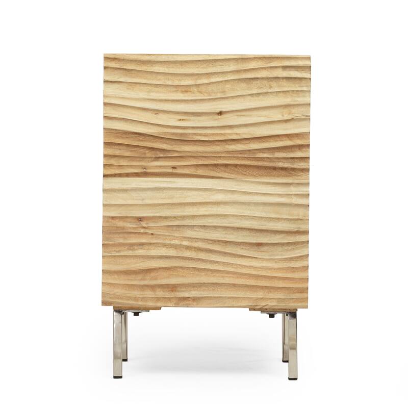 Modern Handcrafted Mango Wood Nightstand with Cabinet and Shelf, Iron Legs, Wave Design