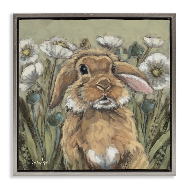 Stupell Rabbit in Poppy Garden Framed Floater Canvas Wall Art Design By Sara G. Designs - 25 x 25 - Grey