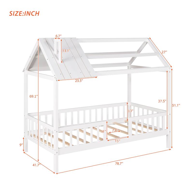 Wooden House Bed Frame Twin Size Platform Bed with Roof and Fence