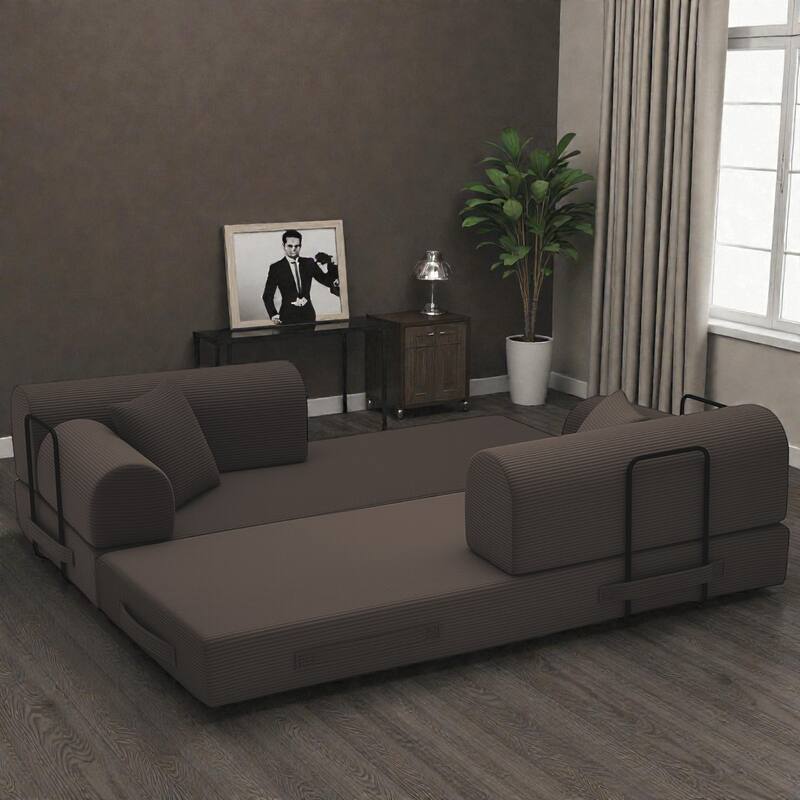 Convertible Sleeper Sofa Bed, 4-in-1 Corduroy Folding Floor Couch with Cylindrical Pillow, 2-Seat Space-Saving Lounge Sofa