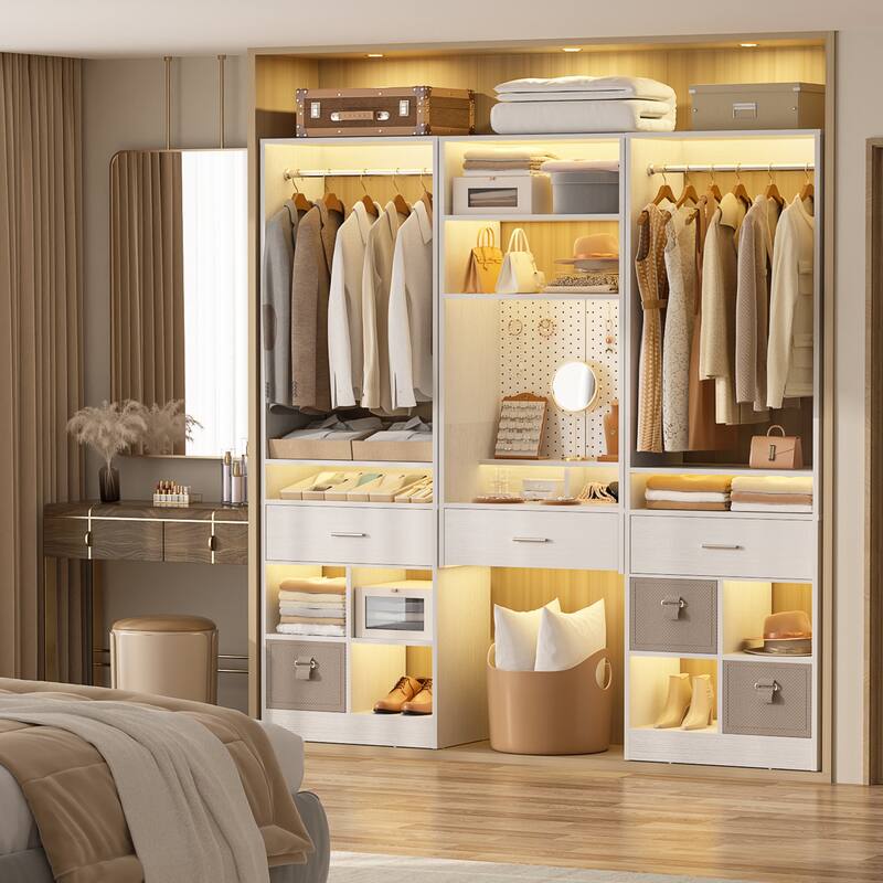 Set of 2 Closet System with Hanging Rod and 11 Open Shelves,Walk-in Closet Organizer with 2 Wooden Drawers and Magnetic Pegboard