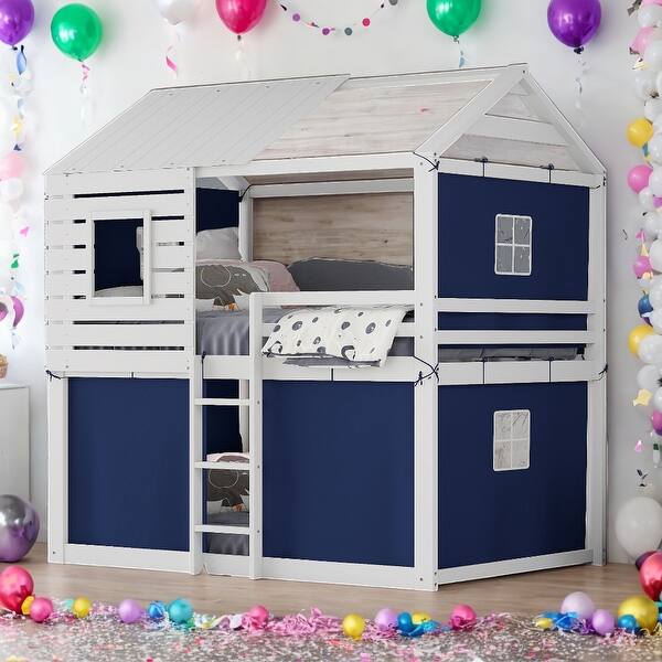 slide 2 of 19, Impression & Beautiful Playhouse Full Size Bunk Bed with Tent, Sturdy Construction & Unique Design, Spacious Space, Blue+White Blue